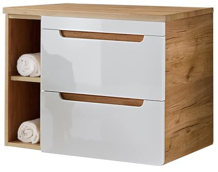Lomadox Waschtisch-Unterschrank 81 cm LUTON-56, Hochglanz weiß mit Wotan Eiche Nb., B/H/T ca. 81/61,5/46 cm