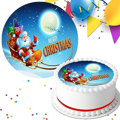 MERRY CHRISTMAS SANTA ON HIS SLEIGH PRE-CUT 7.5 INCH EDIBLE ICING CAKE TOPPER DECORATION