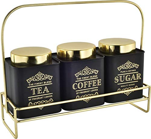 Set of 3 Vintage Canisters Tea, Sugar, Coffee with Gold Colour Stand & Lid -Black