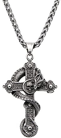 WDBAYXH Herren Gothic Punk Drachen Totenkopf Kreuz Anhänger Halskette, Biker Altsilber Edelstahl Geschnitzt Gebetsanhänger mit 2 Stück Kette, Persönlichkeit Ouroboros Talisman Schmuck,60CM