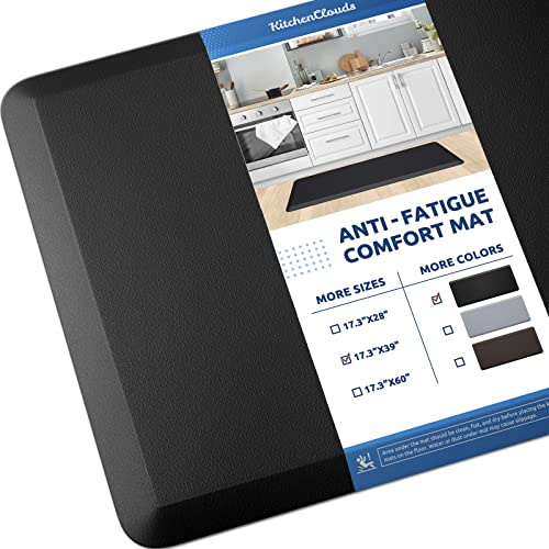 KitchenClouds Kitchen Mat Cushioned Anti Fatigue Kitchen Rug 17.3x39 Water Resistant Non Slip Kitchen Rugs and Mats Standing Desk Mat Comfort Floor Mats for Kitchen House Sink Office (Black)