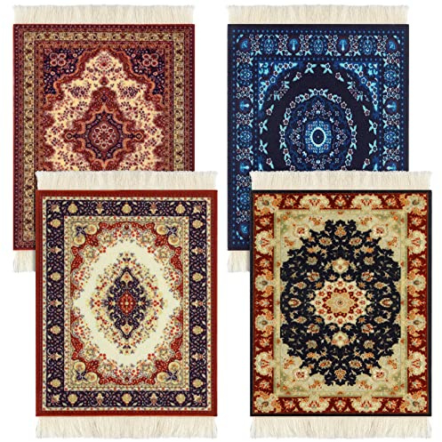4 Stück Teppich-Tischuntersetzer, Tisch-Getränkehalter, orientalisches Design, Stoffteppich, Getränkematten, orientalisches Design, Stoff, Elegante Teppiche, Küchen- und Bar-Matten für Zuhause, Büro