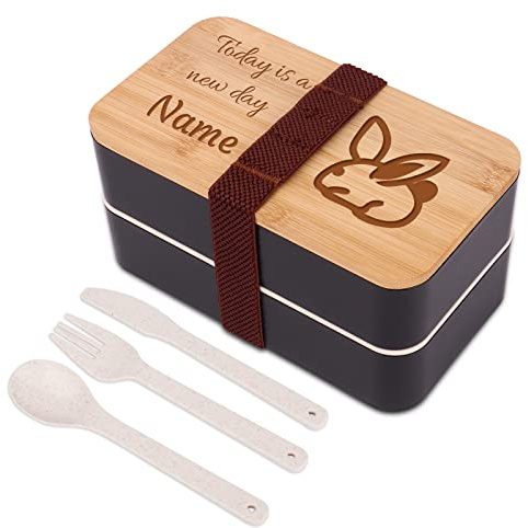 OXYEFEI Lunch Box, Bento Lunch Box Personnalisé avec Prénom, 2 Étages Boîte Bento Hermétique avec Couverts et Sac Bento, Micro-Ondes Lave-Vaisselle, pour Adulte ou Enfant (1200ml)