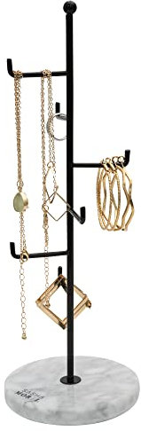 Sasha Morel 6 Tier Metal Jewellery Stand | Hanging Jewellery Organiser with Marble Base | Necklace Display Stand Room Decor for Earrings, Rings Organiser Storage & Gifts for Women (Black)