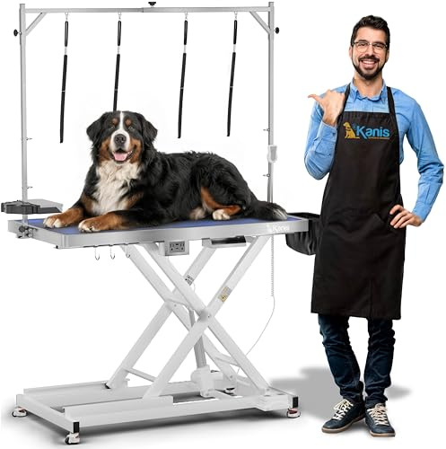 KANIS Professional Electric Dog Grooming Table - Heavy Duty, Height Adjustable Pet Grooming Table w/Leveling Wheels, Grooming Arm, Anti Slip Tabletop & Tool Organizer/Dog Grooming Station (White, 49)