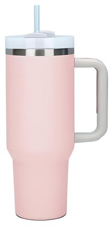 Moollyfox 40 oz Doppelwandiger Edelstahl Vakuum Isolierbecher mit Griff Upgrade Kaffeetasse 1200 ml Becher Tragbare Reisebecher Autobecher Thermobecher mit Strohhalm und Deckel Hell Rosa