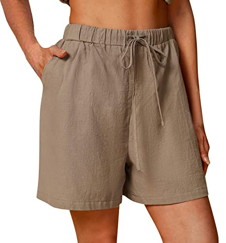 Short Femme été en Lin Ou Coton Large Fluide Shorts Habillé Femme Chic Pas Cher Grande Taille élastique avec Poches Confortable Ample Casual Sport Jogging Pantalon Court (Marron, M)