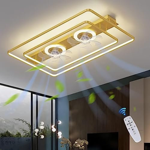 KLUFO LED Ceiling Fan with Lighting, New Double Fan Design Ceiling Lamp Large Living Room Lamp Dining Table Fan Ceiling Light, Remote Control Quiet Modern Bedroom Children's Room Lamp,Gold/90CM
