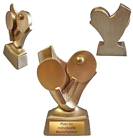 10 cm Tischtennis Pokal mit Gravur - Goldene TT Trophäe & Award Schläger | Resin Tischtennisspieler Preis in Gold-Bronze, Personalisierter Sockel mit Wunschtext für Kinder & Erwachsene Turniere