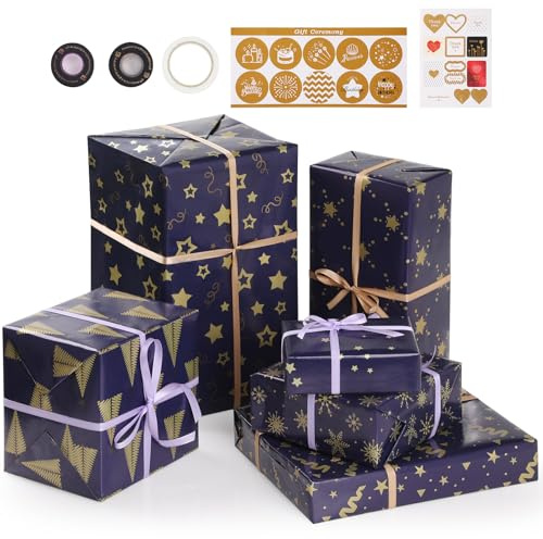 Bigqin Carta da Regalo Compleanno, 6 Fogli 50 x 70 cm Carta da Regalo Natale Blu Scuro Oro Confezione Regalo Set con Nastro Adesivo Nastro Biadesivo
