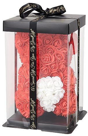 GreatGift® - Rote Rosenbär mit Herz 25 cm + 75 Rosenblüten - in Luxusverpackung -Rosenbär - Rot - Romantisches Geschenk - Valentinstag - Geschenk für sie (Rot/Weiß)