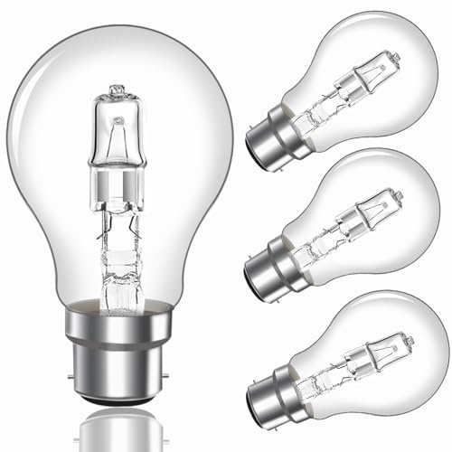 Caldarax 42W B22 BC Bayonet Light Bulbs, Globe A55 B22d Bayonet Cap Light Bulb Dimmable 650LM Warm White 2700K, B22 Classic Clear GLS Light Bulbs for Chandelier, AC220-240V, Pack of 4