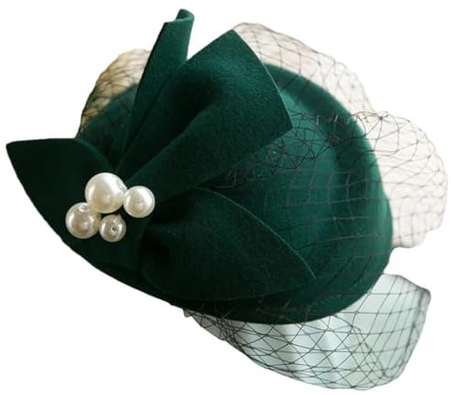Schicker Damenhut aus Wolle, für Hochzeit, Bankett, Kopfschmuck, Party, Filz, Fedora, Dark GN, Einheitsgröße