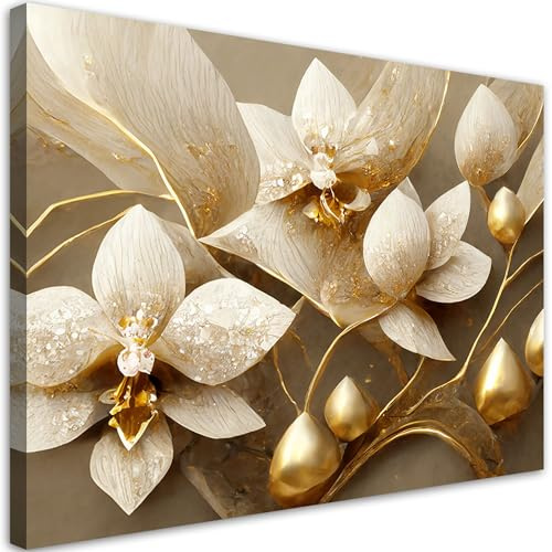 Feeby Leinwand Bilder - Bild Wohnzimmer - 3D Orchidee Blumen Gold - 90x60 1tlg - Deko Schlafzimmer Groß - Dekoration Canvas - Gemälde - Modern Wandbilder - Kunstdruck