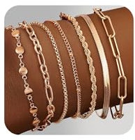 ADRAMATA 7Pcs Chain Bracelets for Women - 14K Gold Plated Stacking, Twist Snake Chain, Adjustable CZ Link Charm Set - Rose Gold, Silver, Gold