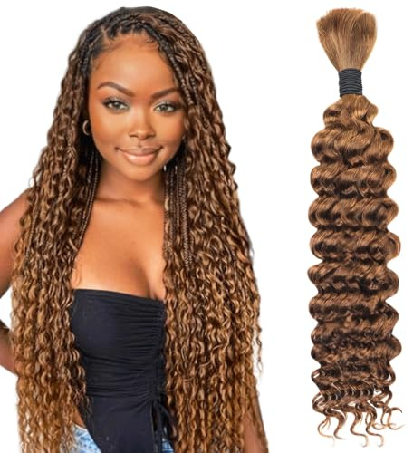 Lashey Cheveux de Tressage Humain pour les Tresses Boho Vagues Profondes 50g #30 Brun Auburn Cheveux Humains en Vrac pour le Tresses Deep Wave Virgin Human Hair Bulk for Boho Braids 65cm (26 Pouces)