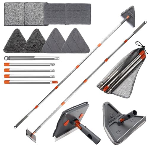 Sayene Baseboard Cleaner Tool with Handle,Wall Cleaner mop with Squeegee, Baseboard Cleaning Tool with 85 inch Extension Pole,8 Replacement Pads for Baseboards Cleaning, Ceiling, Wall, Floor, Shower
