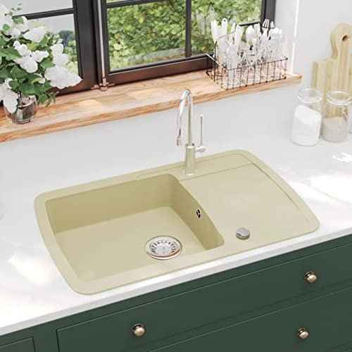 qohoio Évier de Cuisine Granit Seul lavabo Beige Vasque À Poser Salle De Bain,Lavabo Salle De Bain