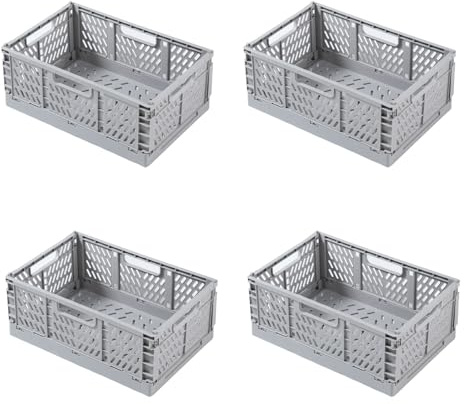 heqxwl 4 Stück Faltbare Kunststoff Aufbewahrungsbox, Einkaufskiste Klappbar, Stabil Klappboxen Faltbar für Küche, Büro, Schlafzimmer, Schrank, Schublade (Grau, S)