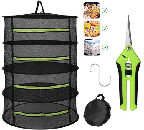 Abiemuce Rejilla para Secado de Hierbas, 4 Capas con Cremalleras, Red de Secado para Plantas, Vegetales, Hierbas, con Bolsas de Almacenamiento para Tijeras y Agujas de Crochet | Secador de hierbas colgante, red de secado, cremallera, plegable, red de secado, para hierbas, plantas, especias