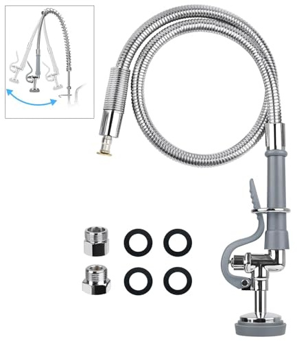 Pre Rinse Spray Valve with Stainless Hose 44inch Flexible Commercial Sink Faucet Replacement Kit 1.42GPM High Pressure Restaurant Dish Sprayer for Wall/Deck Mount Industrial Kitchen Faucets
