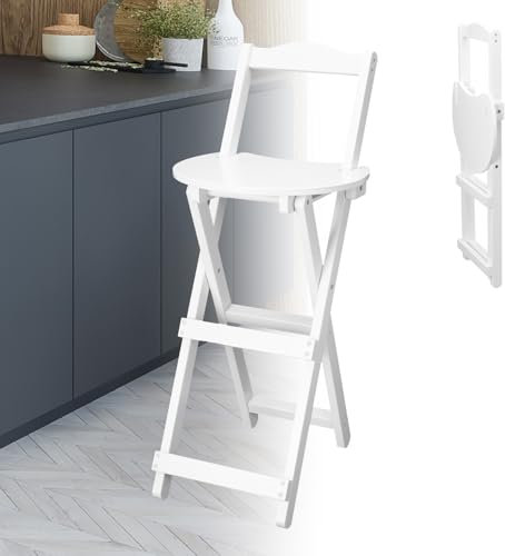 ISXACFF Sgabello da bar pieghevole con schienale, portatile, alto, sedia pieghevole da cucina, isola colazione, sgabello pieghevole in bambù con schienale, da campeggio, bianco, 1 set
