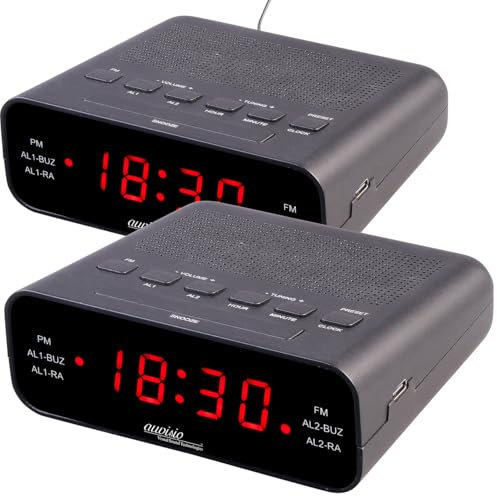 auvisio Uhrenradio Radiowecker: UKW-Radiowecker mit 2 Weckzeiten und LED-Anzeige, Schlummer, 2er-Set (mit Batterie, Wecker Digitale große, Audio Kabel)