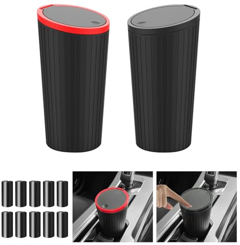 UptVin 2 Cubos de Basura para Coche Con Tapa Pop-Top, Portátil Pequeño Con 10 Rollos de Bolsas, Soporte para Bebidas, Mini Cubo para Hogar, Cocina