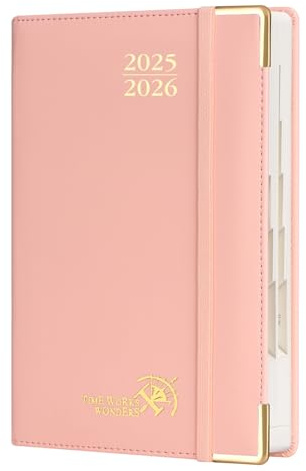 POPRUN Tagesplaner 2025 2026 A5 Hardcover 21,5 x 14,5 cm (Aug.2025-Jul.2026), Tageskalender 1 Tag 1 Seite (Montag - Sonntag) mit PU-Leder, Monatliche Registerkarten - Zartrosa