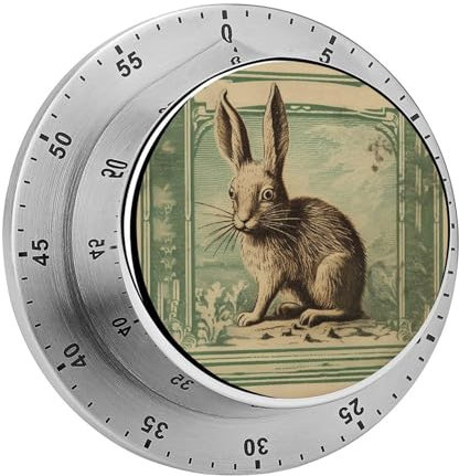 Mechanical Timer Retro Style Rabbit Printed Kitchen Countdown Timer Magnetic Backing Stainless Steel Body Magnetic Timer for Home Baking Cooking Oven
