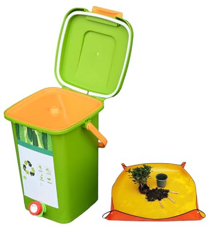 Compostiera da cucina con rubinetto e coperchio di tenuta, facile da pulire, bidone del compost per cucina, raccolta compost, capacità 20 l, design elegante, 1 set