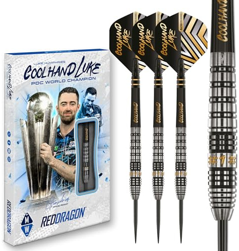 RÖDA DRAGON Darts – professionell spelare – Luke Humphries Coolhand Prestige 22 g – 90 % volframstålspetspilar med dartflyg och dartaxlar (stammar)