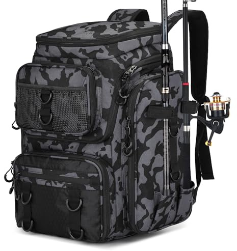 LSOSVSEU Angelrucksack mit Rutenhalter, wasserdichte Angeltasche für Angelausrüstung, 42 l große Kapazität, Tackle Box Rucksack (Schwarz Camo)