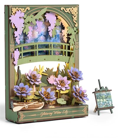 ROWOOD 3D Wooden Puzzle for Adults with LED Light, Flower Model Kits, Tabletop Display, Wall Art Deco, Puzzle Gifts for Women Men TH001 Water Lily