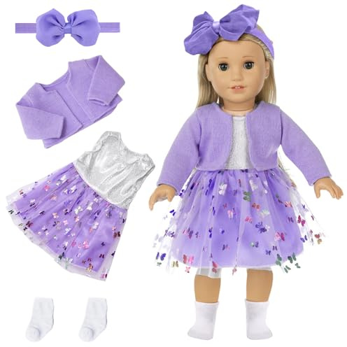 Gemtte Puppenkleidung für Baby Puppen, Baby Kleidung 36cm-43cm, New Baby Puppenkleidung, 4 Stück mit Mantel Socke, Schleife Gazerock Schmetterlingsschleife Stirnband, Geschenke für Mädchen (Violett)