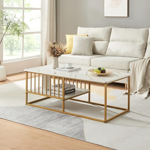 [en.casa] Table Basse de Salon avec Compartiment de Rangement Plateau Rectangulaire Table d'Appoint Design Intemporel MDF Acier Laqué 120 x 60 x 42 cm Effet Marbre Blanc Or