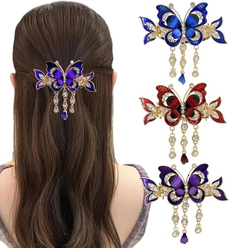 Uoocg 3 Stück Schmetterling Quaste Strass Haarklammer Mittel Metall Haarspangen Damen für Frauen Mädchen Dünnes Haarschmuck