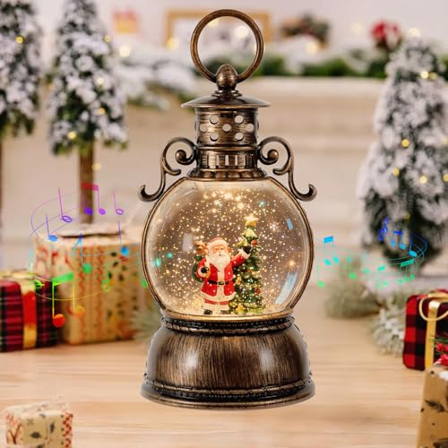 Linterna de Globo de Nieve de Navidad Música Farolillo Navidad Vintage Linterna LED Bola de Nieve con Brillo de Agua, Alimentada por Pilas/USB Papá Noel Decoración Navideña Regalo