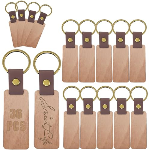 BAIFULAI 36 Stück Schlüsselanhänger Holz, Blanko DIY Rechteck 6.5 * 2.8 CM, HolzschlüSselanhänger, Beschriftbar für Malerei Basteln Dekorieren Geschenke- Wooden Schlüsselbund