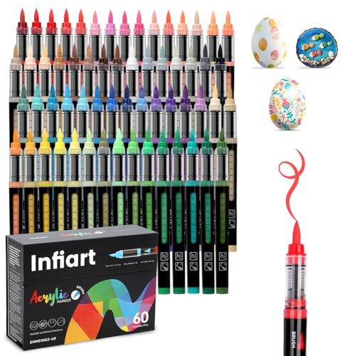 Infiart 60 Farben Acryl Farbe Marker Pinsel Spitze Automatische Tinte Steuerung Farbe Stifte Schnelltrocknen Acryl Marker Set für Weihnachten Dekorationen, Glas, Stein, Holz