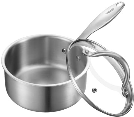 VEVOR Olla de 1,42 L con Tapa de Cristal, para Sopa y Verduras con Mango Ergonómico, de Acero Inoxidable, Apta para Lavavajillas, Fácil de Limpiar, Acabado Metálico Natural, 340 x 175 x 150 mm
