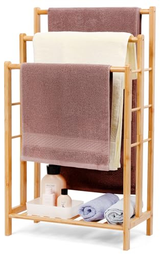Relquorax Porte-serviettes en bambou avec rangement, porte-serviettes autoportant, échelle à serviettes debout avec 3 barres, pour salle de bain, salon, peu encombrant (86 cm de haut)