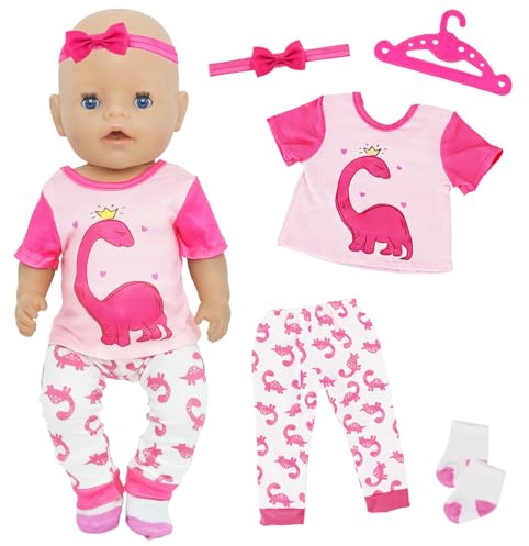 Babypuppenkleidung für 14-18 Zoll Puppen, Babypuppenzubehör für 30-45 cm Puppen süßer Dinosaurier-Puppenpyjama mit Dinosaurier-Oberteil Hose Socken Kleiderbügel Rosarote New Born Puppenkleidung