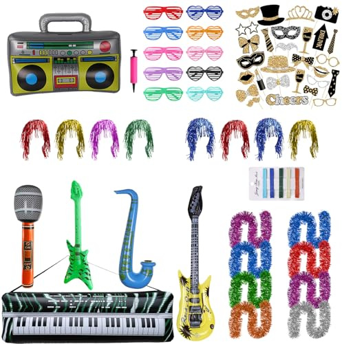 85 Stück Party Foto Requisiten Set, Fotobox Accessoires mit Perücken & Aufblasbar Musik Zubehör – Party Dekoration für Hochzeit, Halloween, Weihnachten, Geburtstag, Karneval & Silvester