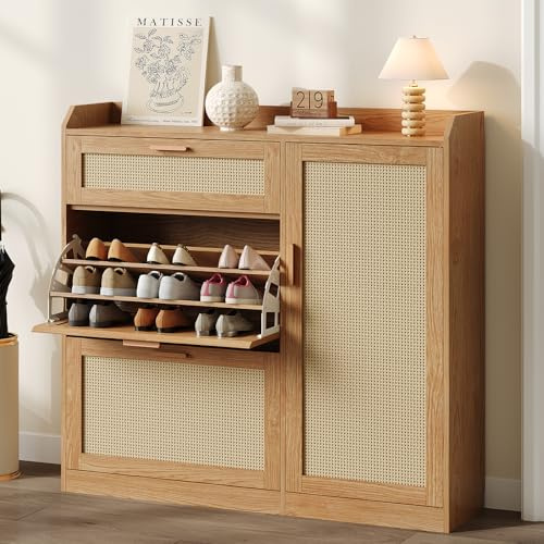 KIMENICH Schuhschrank mit 2 Klappen, Schuhkipper Schmal, Schuhschrank mit 1 Schublade, Schrank, Trennwand Verstellbar, für 12-15 Paar Schuhe, Flur, Eingansbereich, 30 x 100 x 104 cm, Braun