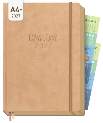 Häfft® Organizer Day by Day Maxi Tageskalender 2027 A4+ Prestige Beige | Größer als A4, 1 Tag 1 Seite - Terminplaner & Praxisplaner mit 30-Minuten-Takt, 3 Spalten, Hardcover mit edler Lederoptik