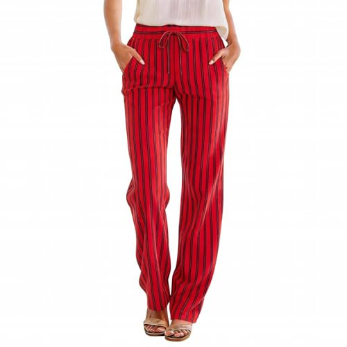 Pantalones de mujer rectos a rayas elegantes pantalones de mujer elásticos de cintura alta pantalones de tela rectos largos cómodos pantalones con bolsillos rayas pantalones de verano ligeros para