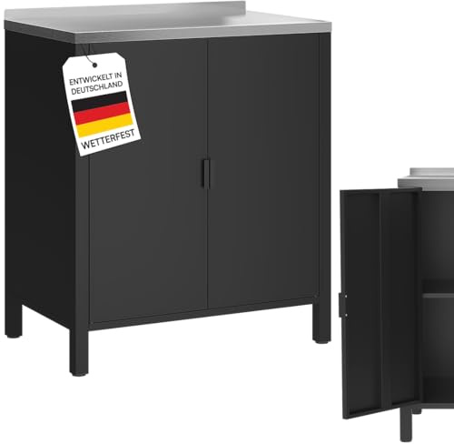 STEELSØN Zephios Gartenschrank 94,5x80x50 cm – Outdoor Küchenschrank mit Edelstahl Arbeitsplatte & 2 Fächern – stabile Kommode aus Metall – Terrassenschrank wetterfest Terrasse/Grillstation, schwarz