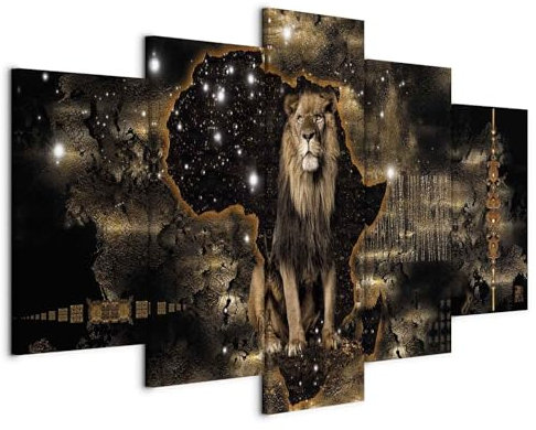 B&D XXL - Wandbilder Tiere 200x100 cm 5 tlg - Wand Deko XXL Leinwand Bilder Groß Bilderset Wohnzimmer Bild Schlafzimmer Kunstdrucke Leinwandbild - Abstrakt Löwen schwarz g-A-0011-b-o