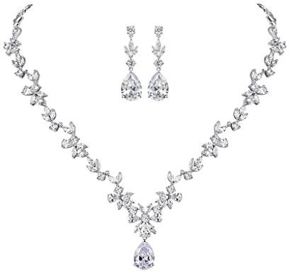 MASOP Silber Braut Schmuckset, Damen Hochzeit Schmuck Set, Blumen Ohrringe und Halskette mit Anhänger Set, Weiß Tropfen Zirkonia CZ Bling Ohrhänger Ohrringe, Hochzeit Party Geschenk für Frau